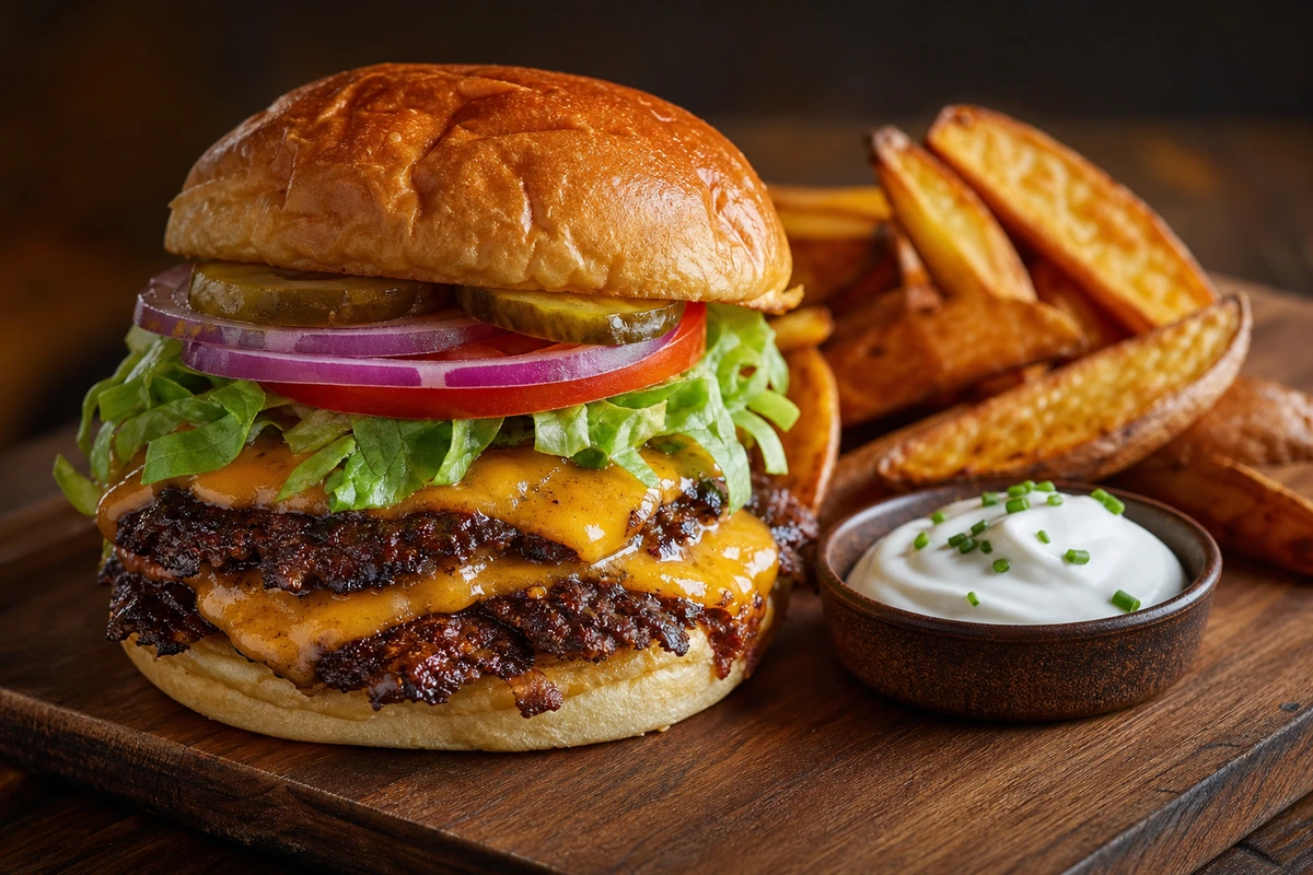 Hamburger schiacciato con patate al forno e salsa di panna acida – Foto della ricetta