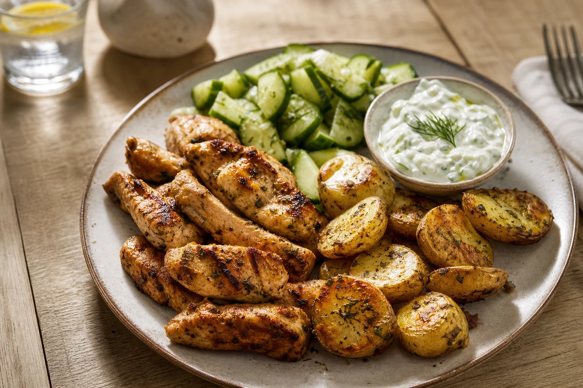 Hähnchen-Gyros mit Ofenkartoffeln, Gurkensalat und Tsatsiki – Rezeptfoto