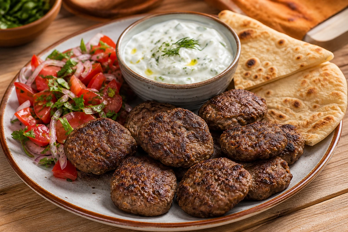 Köfte mit Tomaten-Zwiebel-Salat, Tzatziki und Fladenbrot – Rezeptfoto