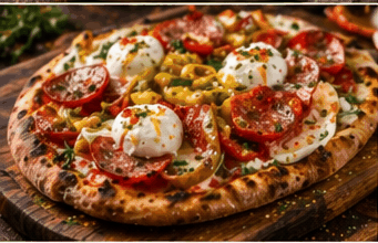 Rezeptfoto: Pinsa mit Burrata, Peperoni und Salami (Snacks)