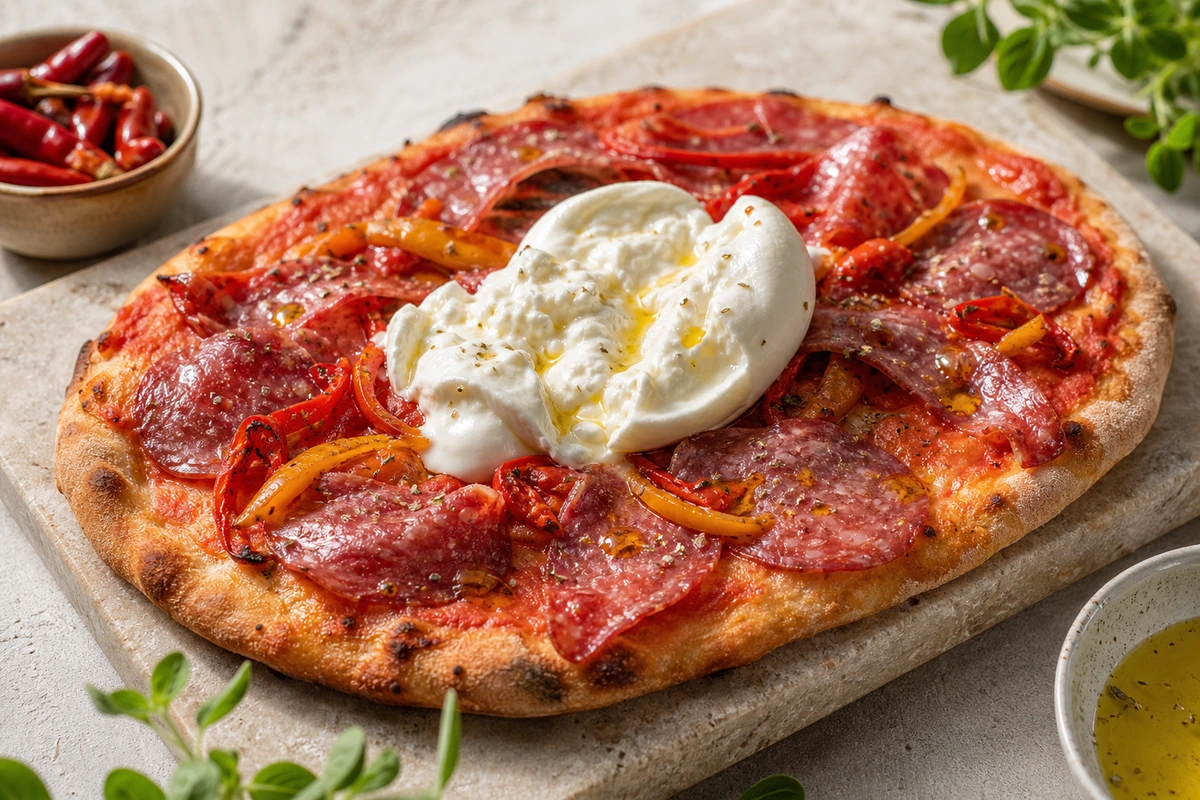Pinsa mit Burrata, Peperoni und Salami – Rezeptfoto