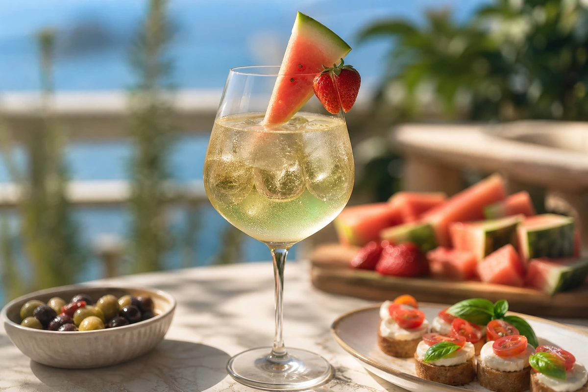 Erdbeer-Wassermelonen-Horchata mit Reismilch Weißwein Spritz – KI-Serviervorschlag
