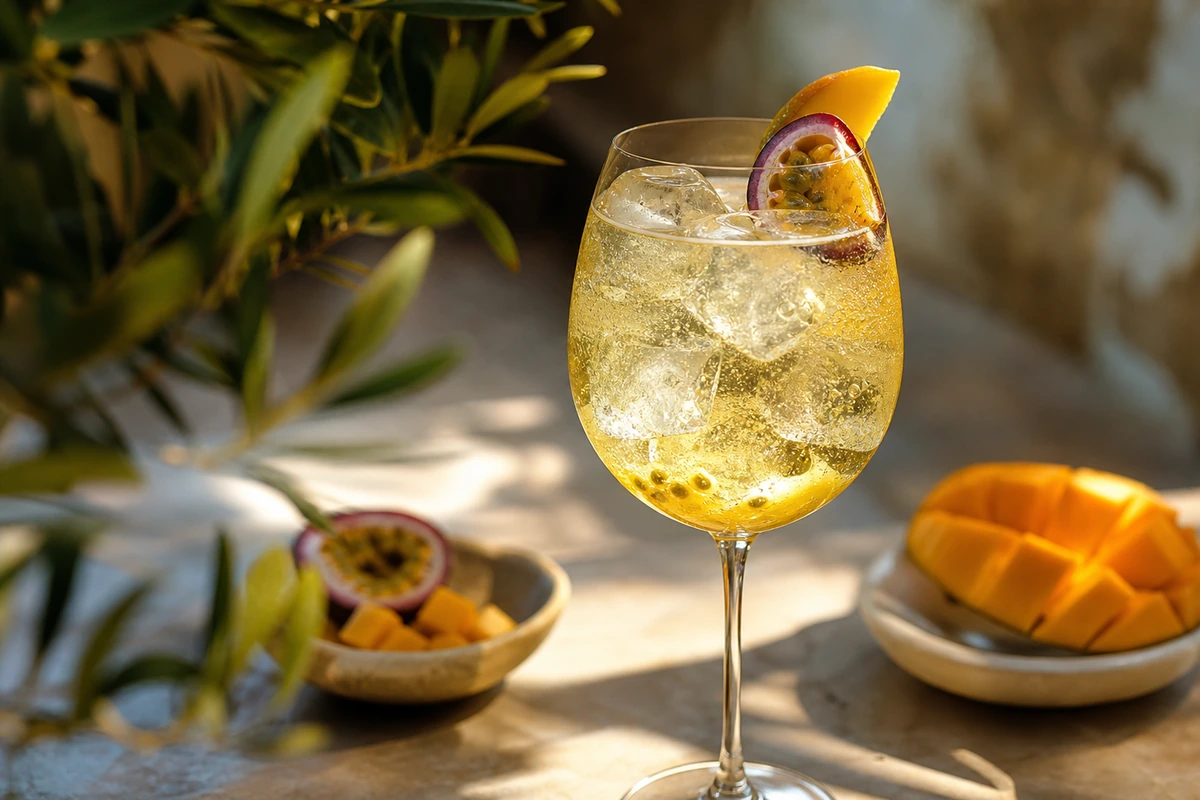 Mango-Maracuja Agua Fresca Weißwein Spritz – KI-Serviervorschlag